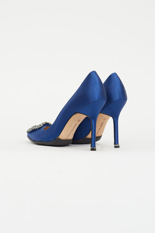 Manolo Blahnik Blue Satin Hangisi Embellished Pump