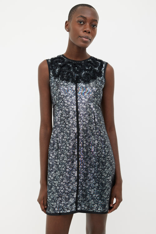 Marc Jacobs Black Floral Metallic Ruffle Shift Dress