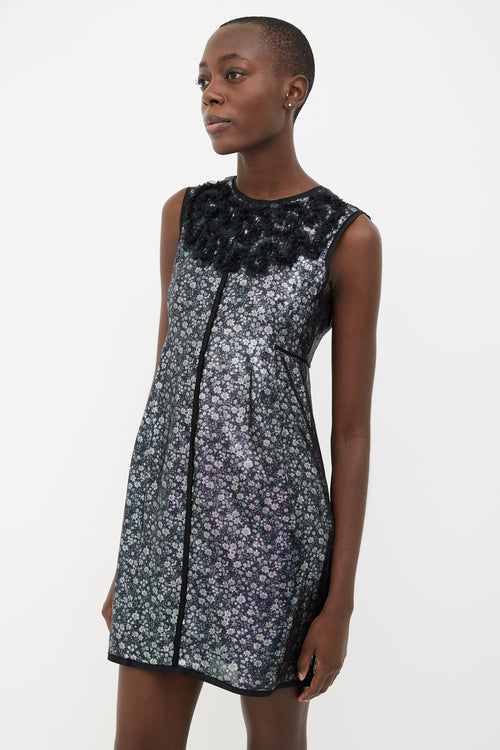 Marc Jacobs Black Floral Metallic Ruffle Shift Dress