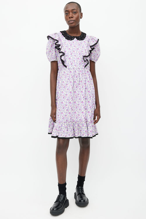 Marc Jacobs Purple Cotton Printed Floral Lace Trim Dress