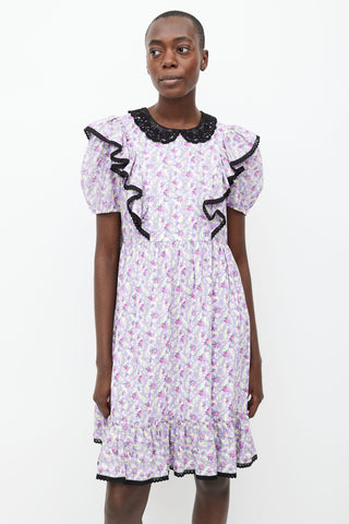 Marc Jacobs Purple Cotton Printed Floral Lace Trim Dress