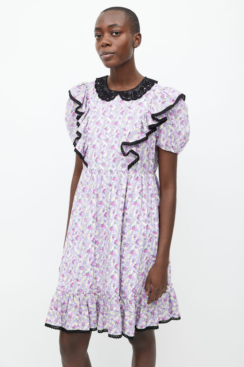 Marc Jacobs Purple Cotton Printed Floral Lace Trim Dress