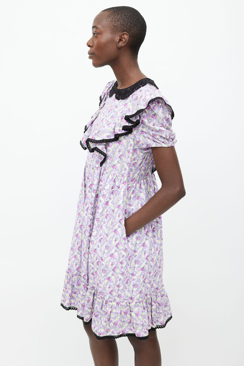 Marc Jacobs Purple Cotton Printed Floral Lace Trim Dress