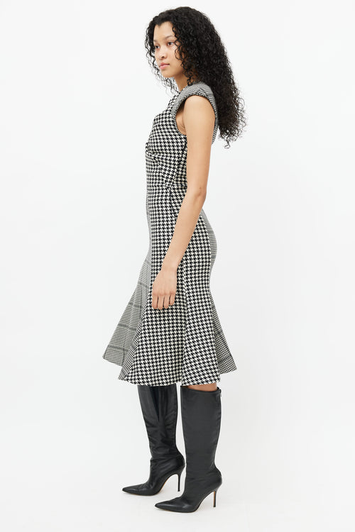 Marine Serre Black 
White Wool Houndstooth Tailored Flare Dress