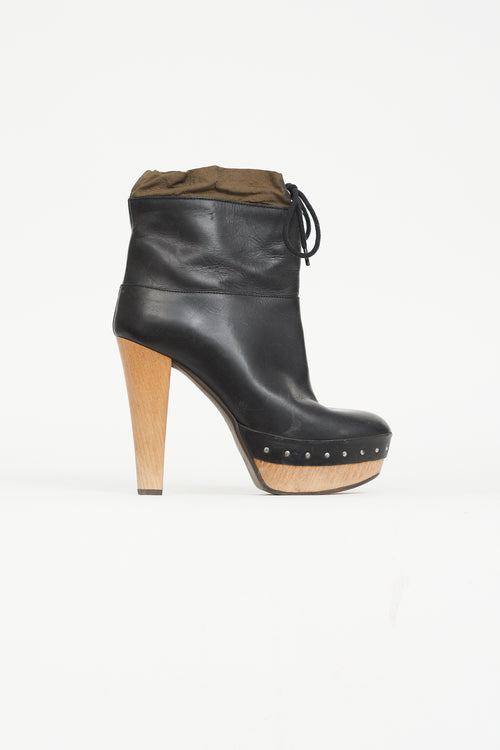 Marni Black Leather Drawstring Tie Wood Platform Bootie