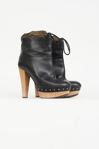 Marni Black Leather Drawstring Tie Wood Platform Bootie