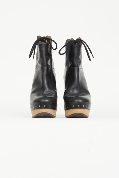 Marni Black Leather Drawstring Tie Wood Platform Bootie