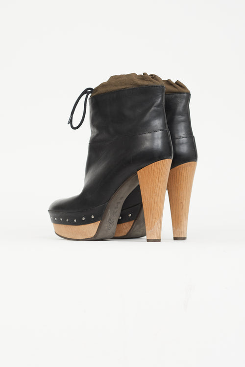 Marni Black Leather Drawstring Tie Wood Platform Bootie