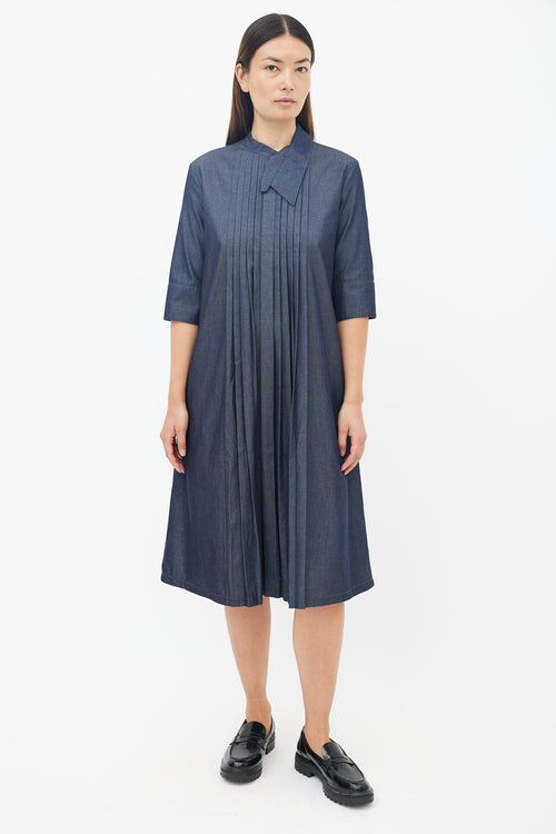 Marni Blue Cotton Pleated Midi Dress