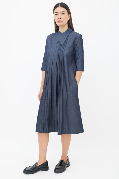 Marni Blue Cotton Pleated Midi Dress