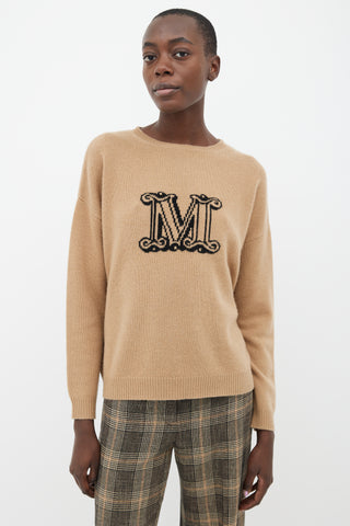 Max Mara Brown Knit Black Logo Sweater