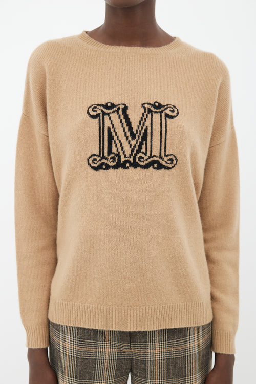 Max Mara Brown Knit Black Logo Sweater