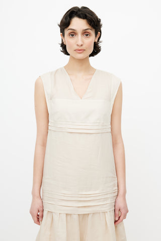 Max Mara Beige V-Neck Pleated Dress