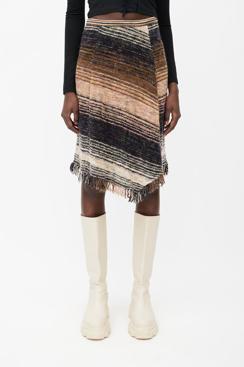 Missoni Brown, Black 
Pink Wool Knit Stripe Fringed Skirt