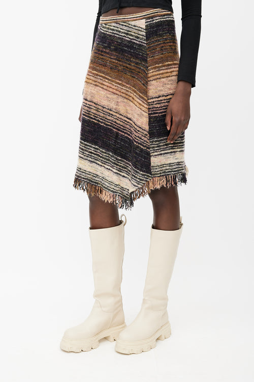 Missoni Brown, Black 
Pink Wool Knit Stripe Fringed Skirt