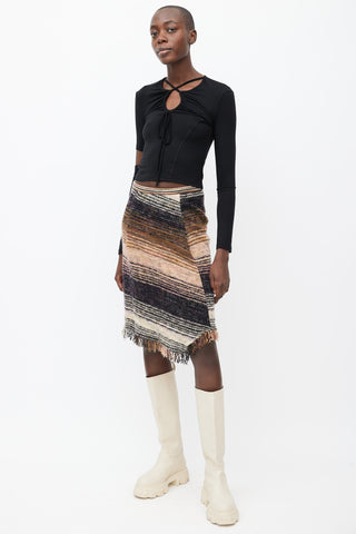 Missoni Brown, Black 
Pink Wool Knit Stripe Fringed Skirt