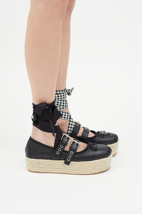 Miu Miu Black Leather Double Buckle Ballerina Platform Espadrille Flat