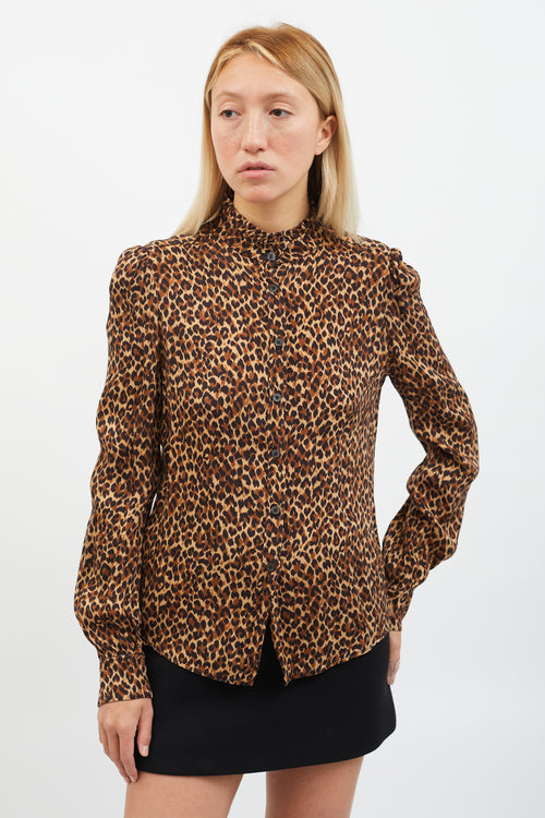 Miu Miu Brown, Black 
Beige Printed Ruffle Mock Neck Blouse