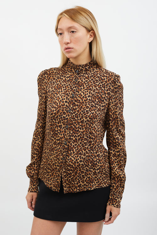 Miu Miu Brown, Black 
Beige Printed Ruffle Mock Neck Blouse