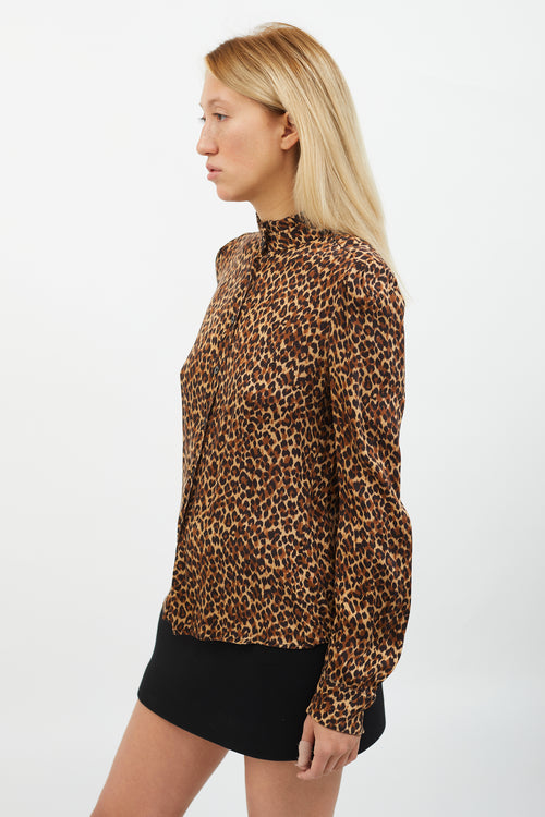 Miu Miu Brown, Black 
Beige Printed Ruffle Mock Neck Blouse