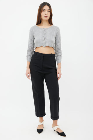 Miu Miu Grey Cashmere Knit Ruched Sleeve Cropped Cardigan