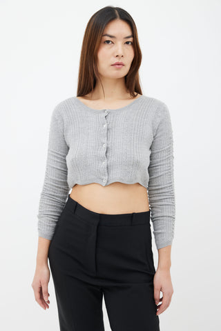 Miu Miu Grey Cashmere Knit Ruched Sleeve Cropped Cardigan