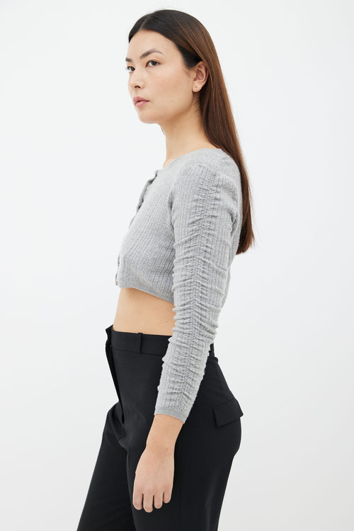 Miu Miu Grey Cashmere Knit Ruched Sleeve Cropped Cardigan