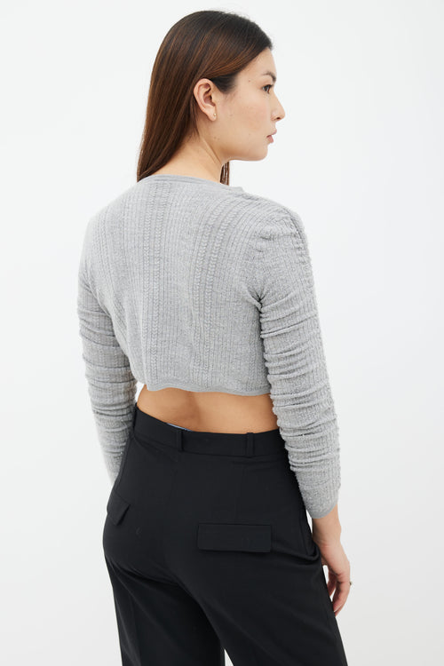 Miu Miu Grey Cashmere Knit Ruched Sleeve Cropped Cardigan