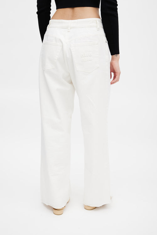 Miu Miu White Embroidered Logo Wide Leg Jeans