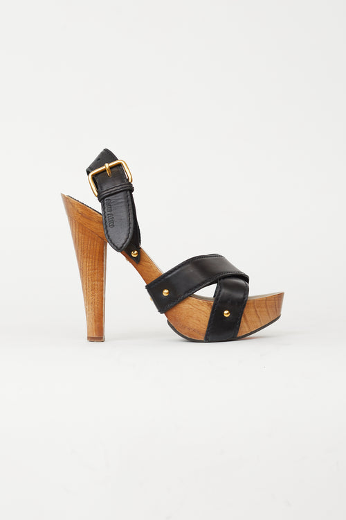 Miu Miu Black Leather Slingback Wood Platform Sandal Heel