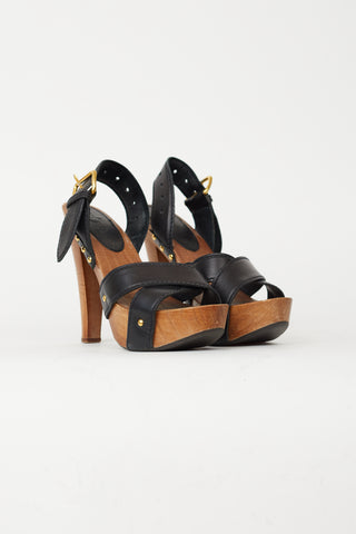 Miu Miu Black Leather Slingback Wood Platform Sandal Heel