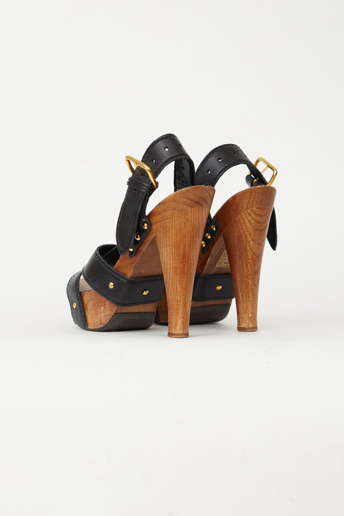 Miu Miu Black Leather Slingback Wood Platform Sandal Heel