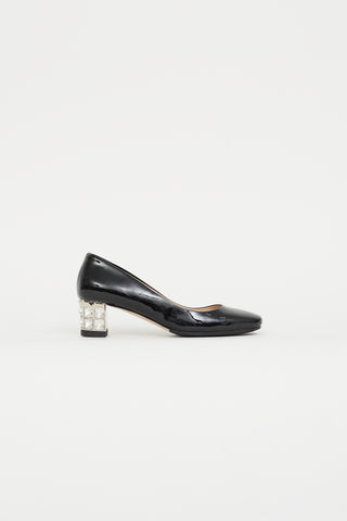 Miu Miu Black Patent Leather Embellished Heel Pump