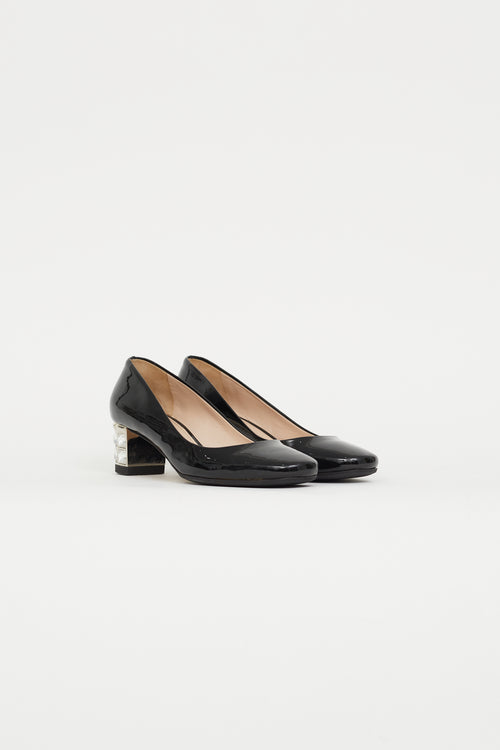 Miu Miu Black Patent Leather Embellished Heel Pump