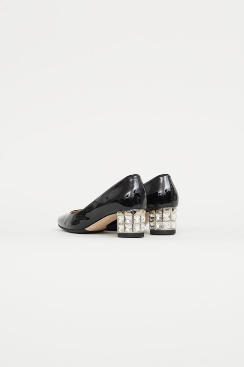 Miu Miu Black Patent Leather Embellished Heel Pump