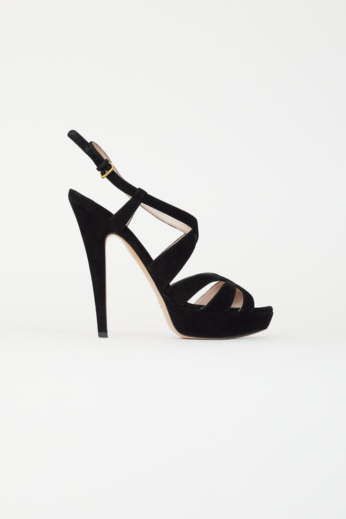 Miu Miu Black Suede Multi Straps Platform Sandal Heel