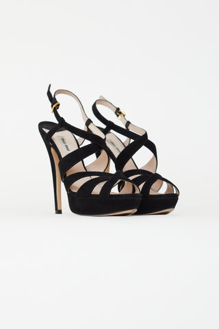 Miu Miu Black Suede Multi Straps Platform Sandal Heel