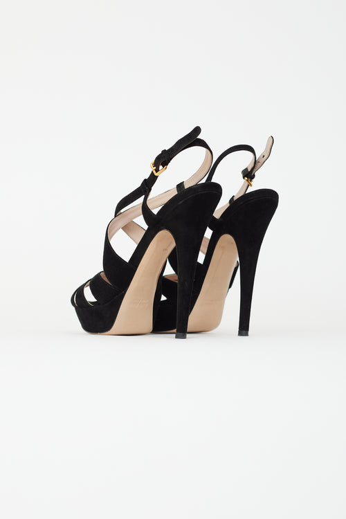 Miu Miu Black Suede Multi Straps Platform Sandal Heel