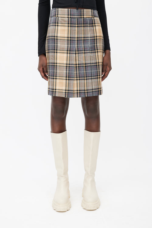 Moschino Beige, Grey 
Red Wool Plaid Pleated Skirt