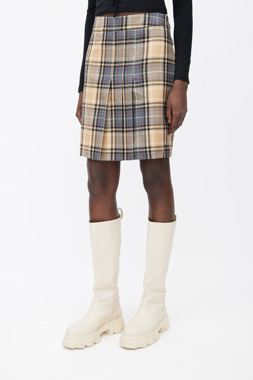 Moschino Beige, Grey 
Red Wool Plaid Pleated Skirt