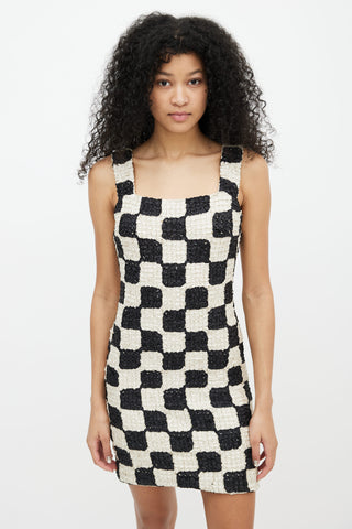 Nanushka Cream 
Black Pleated Checkered Shift Dress