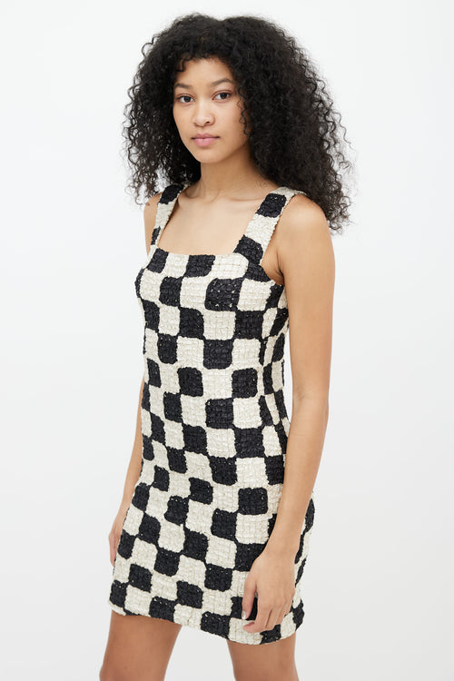 Nanushka Cream 
Black Pleated Checkered Shift Dress