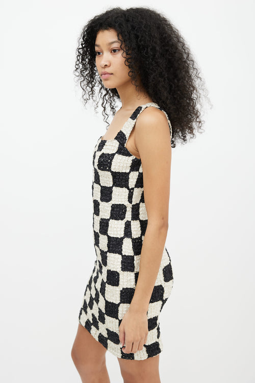 Nanushka Cream 
Black Pleated Checkered Shift Dress