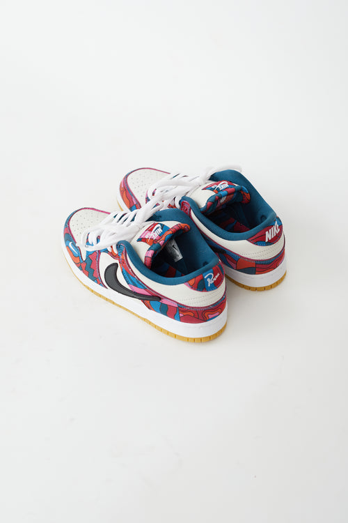 Nike X Parra Summer 2021 White 
Multicolor Dunk Low Pro SB Abstract Art Sneaker