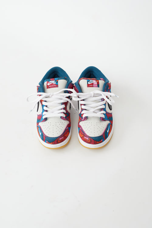 Nike X Parra Summer 2021 White 
Multicolor Dunk Low Pro SB Abstract Art Sneaker