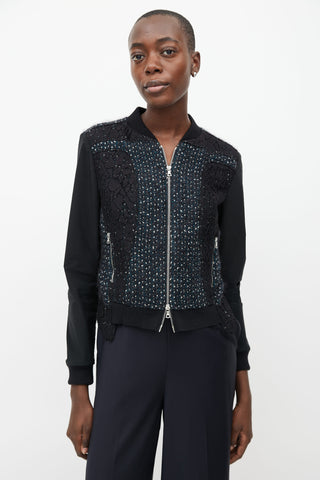 Nina Ricci Black 
Navy Mixed Fabric Bomber Jacket