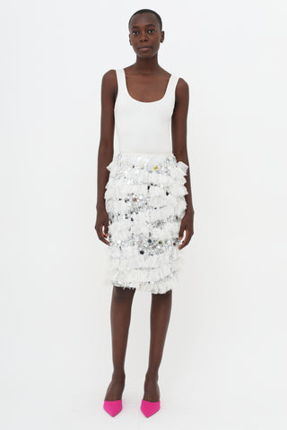 Nina Ricci White 
Silver-Tone SS14 Embellished Ruffle Skirt