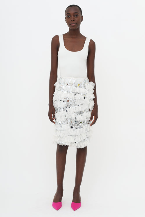 Nina Ricci White 
Silver-Tone SS14 Embellished Ruffle Skirt