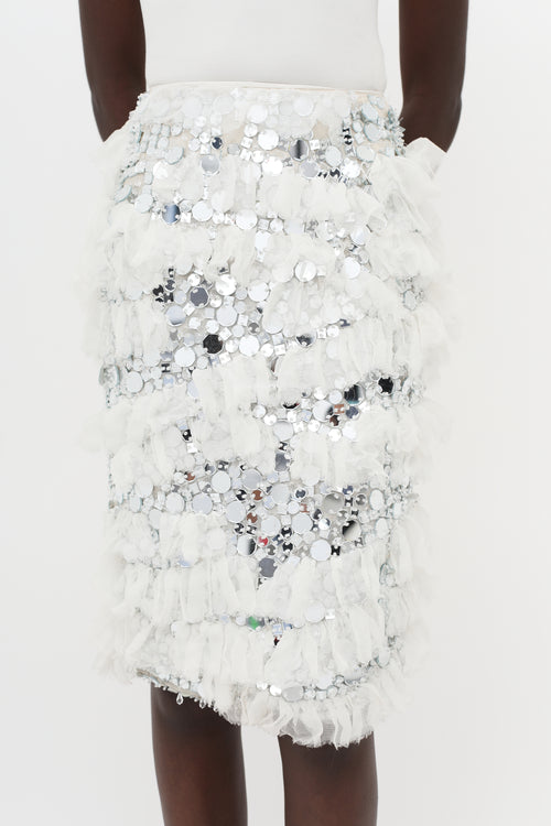 Nina Ricci White 
Silver-Tone SS14 Embellished Ruffle Skirt