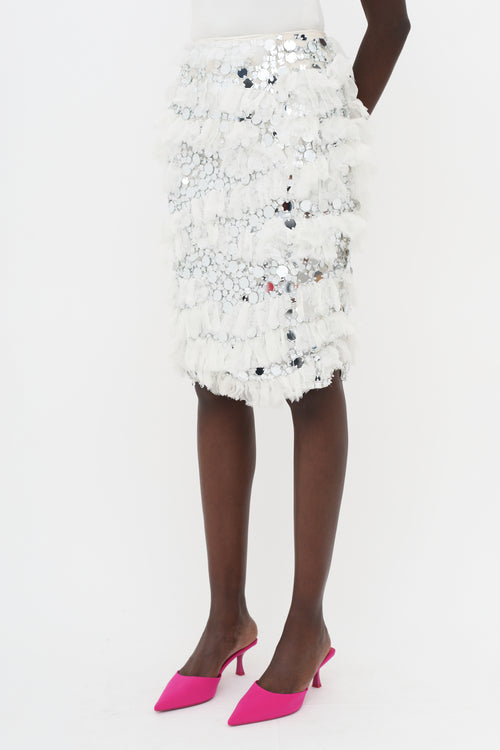 Nina Ricci White 
Silver-Tone SS14 Embellished Ruffle Skirt